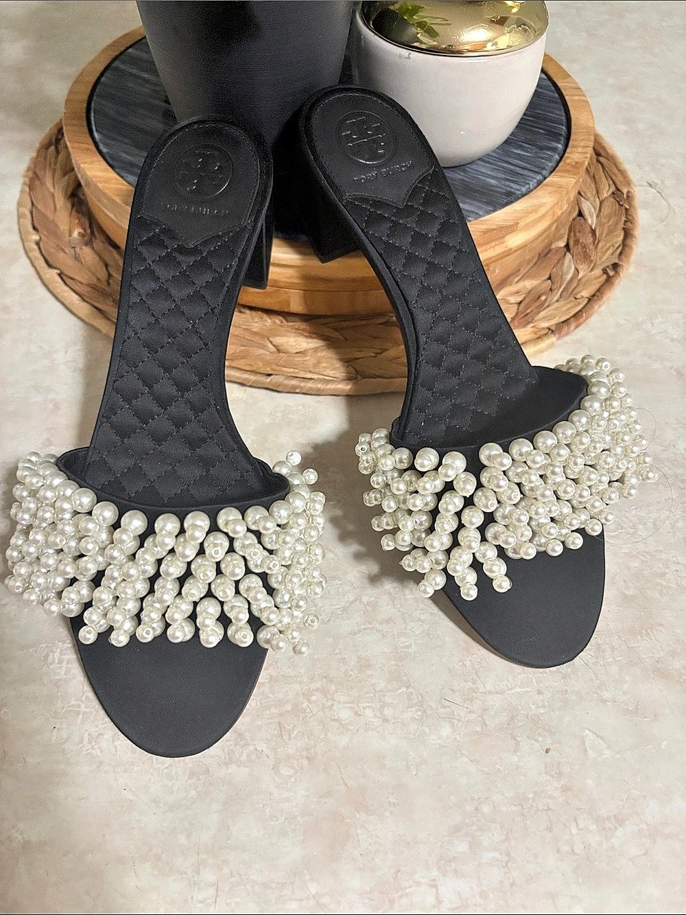 Tory Burch Tatiana Pearl Slide Sandal Black Heeled Sandals